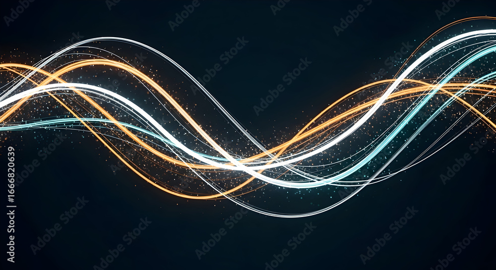 Poster abstract flowing light trails with glowing particles on a dark background design