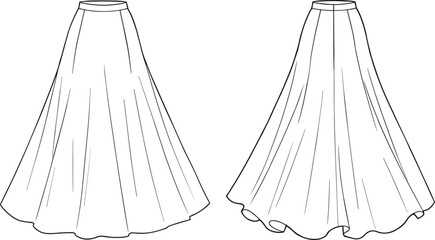 CAD drawing flat vector illustration, fashion technical sketch, women’s flared maxi skirt, high waist design, flowy hem, elegant apparel template