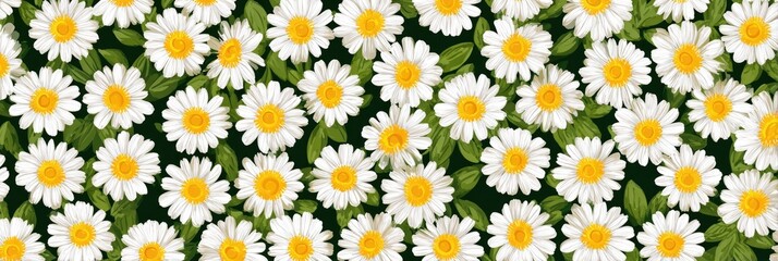 Floral pattern of white daisies with yellow centers, set against a dark green background, featuring detailed leaves