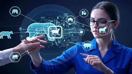 Woman interacting with digital livestock data display - Powered by Adobe