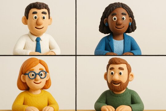 A diverse group of claymation characters participate in a virtual video call.