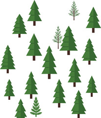 Collection of cartoon pine trees, coniferous forest elements, flat evergreen tree set, nature clipart, green fir illustration vector bundle.