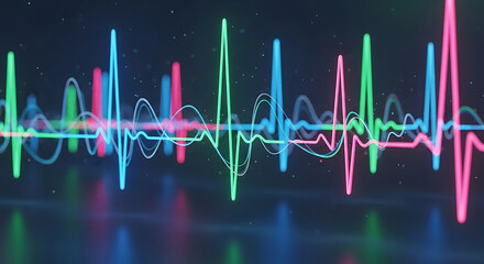 Abstract Neon Waveforms with Reflections and Particles on Dark Background