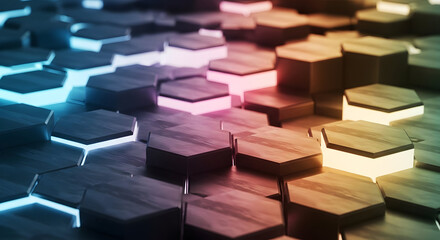 Abstract colorful hexagon background with futuristic concept and vibrant neon lights