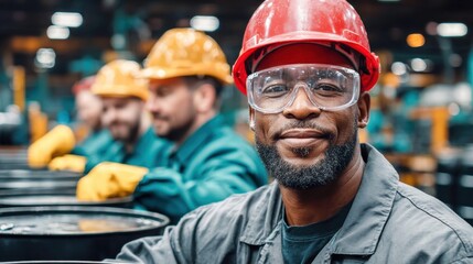 A smiling factory worker wearing a red hard hat and protective eyewear in a manufacturing facility.