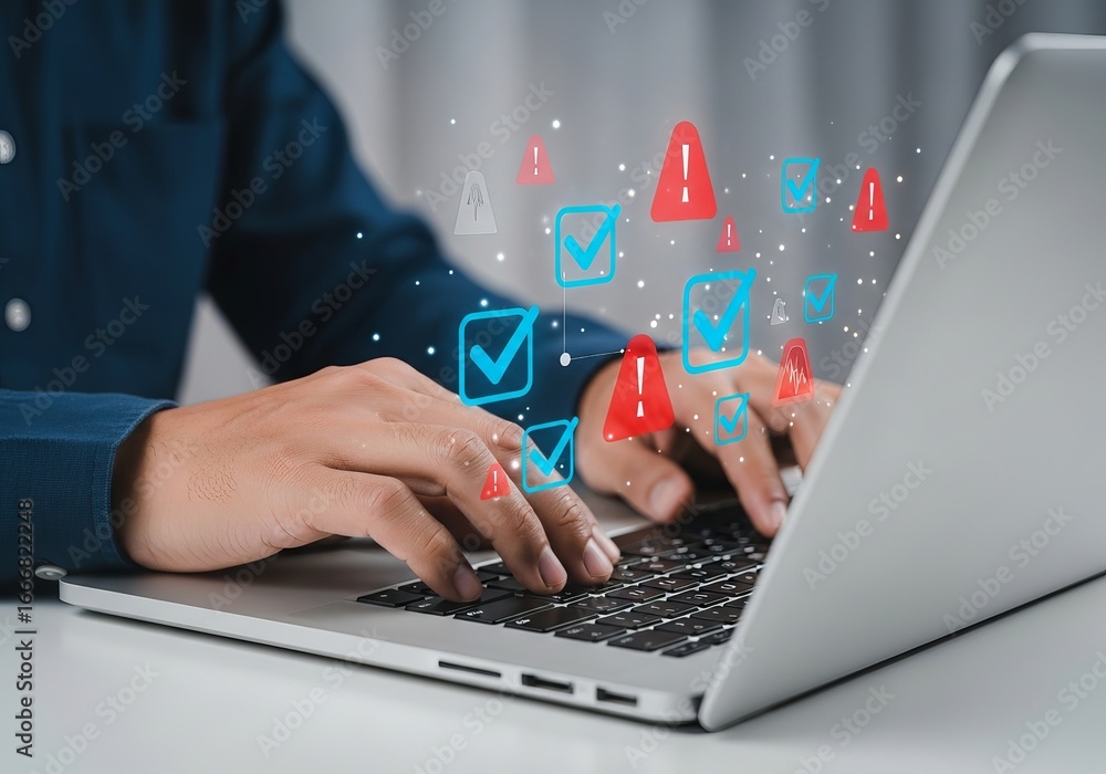 Poster persons hands typing on a laptop with digital checkmarks and warning signs appearing above the keybo