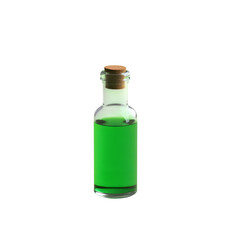 Small glass bottle with bright green liquid and cork isolated on transparent background