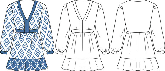 women’s v neck dress, long puff sleeve design, ruffle hem skirt, geometric pattern, fashion flat sketch, garment technical drawing, vector illustration, sewing pattern, apparel design template