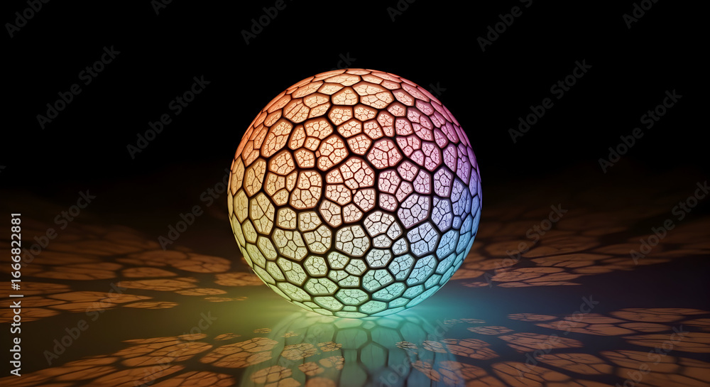 Poster abstract luminous sphere with intricate cell pattern and vibrant color gradient illustration