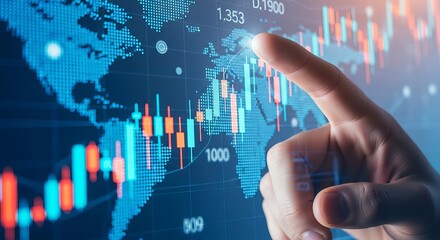 A finger points to a glowing digital world map displaying financial stock market charts and data, representing global economic trends and investment analysis