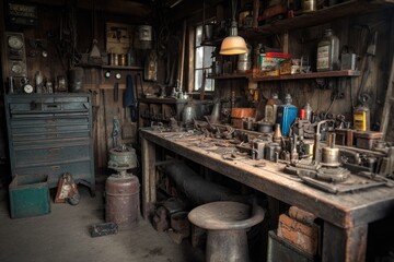An old workshop filled with tools and supplies