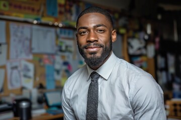 Fototapeta premium Confident Black businessman smiles warmly in a modern office with a colorful bulletin board behind him