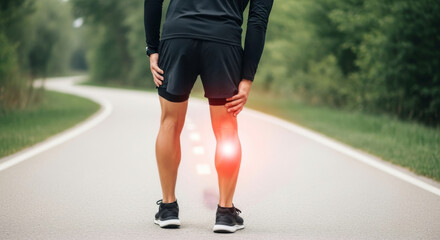 Fototapeta premium Man experiencing leg pain while running on a road surrounded by greenery