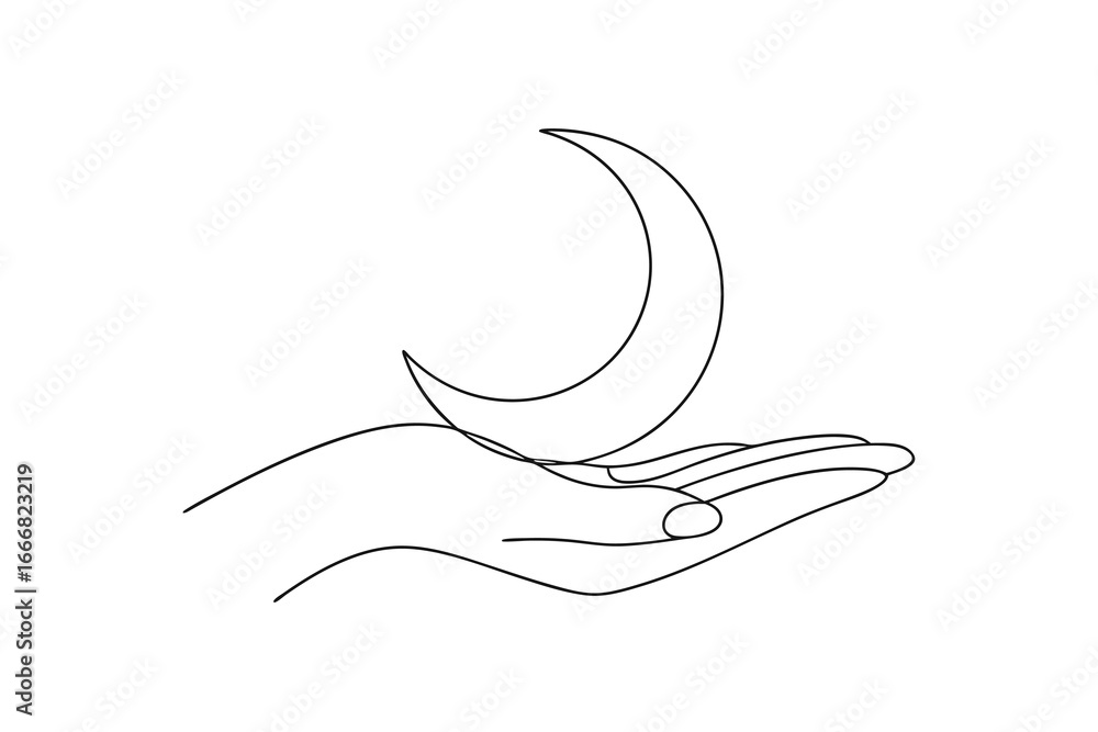Poster continuous line drawing a hand holding a crescent moon continous line vector