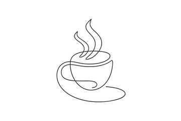 Continuous line drawing a steaming coffee cup a saucer Continous line vector