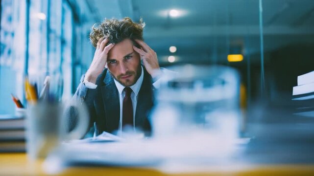 Stressful Moment in Office: An exhausted businessman, in a corporate setting, buries his face in his hands, embodying the struggles and pressure of modern work.