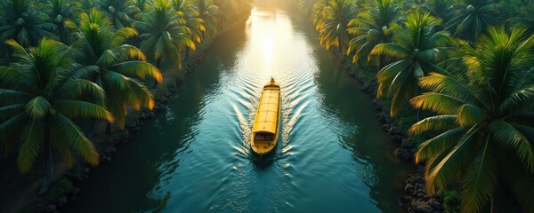 Drone view of yellow houseboat sailing on tranquil Kerala backwaters canal lined with coconut palm trees. Sunlight glints on water creating serene tropical travel scene. Authentic Indian culture,