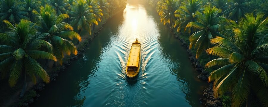 Drone view of yellow houseboat sailing on tranquil Kerala backwaters canal lined with coconut palm trees. Sunlight glints on water creating serene tropical travel scene. Authentic Indian culture,