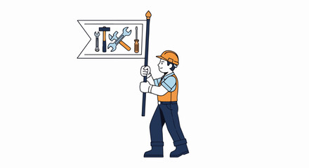 Construction Worker Holding a Flag with Tools.