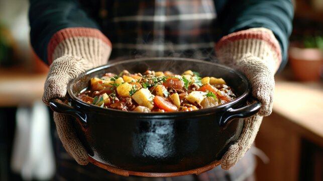 Stewpot being carried to a table with hot mitts