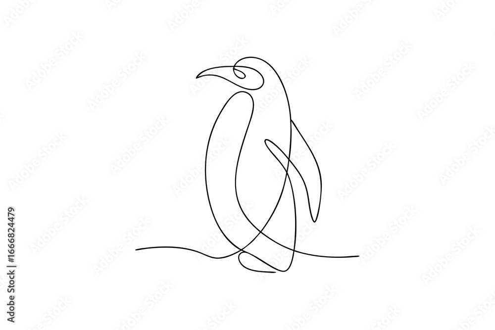 Poster minimalist continuous line drawing a penguin standing a wavy line continous line