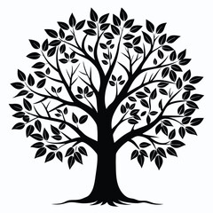 Obraz premium Silhouette Illustration of a Tree with Leaves, Branches, and Roots in Black