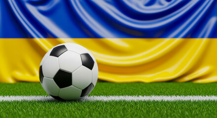 A soccer ball on green grass with the ukrainian flag in the background