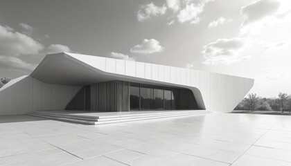 Obraz premium Modern building with sleek lines, minimalist design under cloudy sky. Features geometric shapes, curved elements, large glass windows. Architectural marvel blends concrete, glass for futuristic,