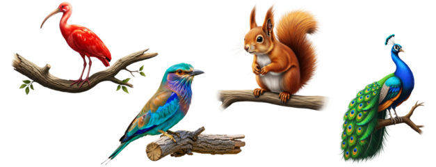 Collection of colorful illustrated exotic birds and a cute squirrel.