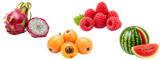 Assortment of fresh fruits including dragon fruit, raspberry, loquat, and watermelon.