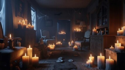 Spooky room illuminated by candlelight with cobwebs and dim lighting - Powered by Adobe