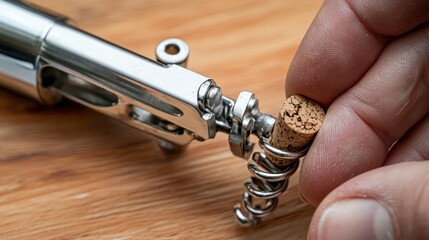 Hand gripping a corkscrew during a wine opening process
