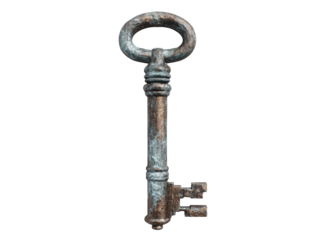 Antique rusty metal key object isolated on a white background, Isolated On Png Transparent Background