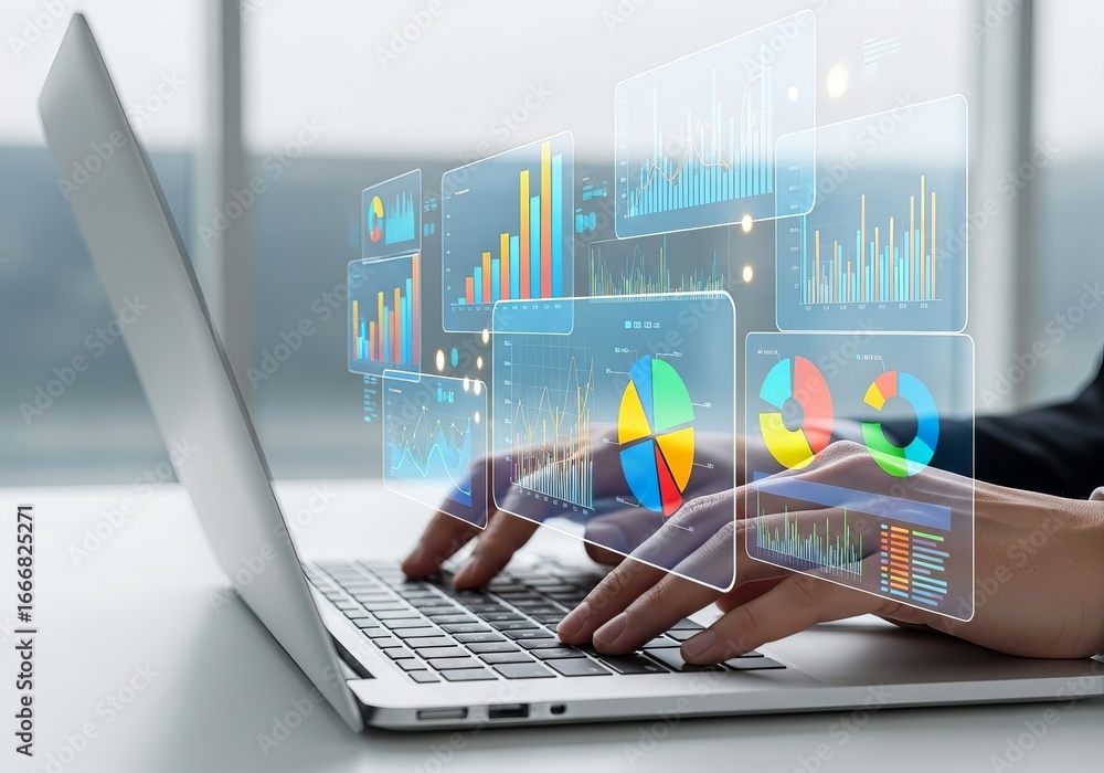Poster person using a laptop with futuristic holographic charts and graphs displaying data analytics and bu
