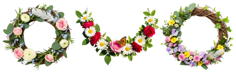 Set of beautiful handmade floral wreaths and decorative flower crowns.