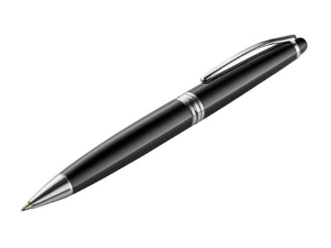 Elegant Black Ballpoint Pen with Silver Accents on a Black Background writing instrument black pen, Isolated On Png Transparent Background
