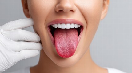 A person's mouth wide open, showing the tongue during a medical checkup with a gloved hand touching the cheek.