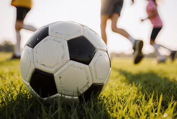 group of young friends playing soccer on a sunny day, enjoying outdoor activity and teamwork on grassy field