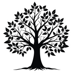 Obraz premium Graphic Black Silhouette of a Deciduous Tree with Foliage and Root Structure Illustration