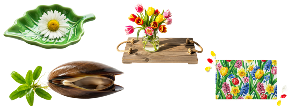 Eclectic collection of spring-themed decorative objects and design elements.