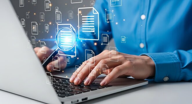 Person using a laptop with digital documents and a magnifying glass overlay, representing data analysis and information management