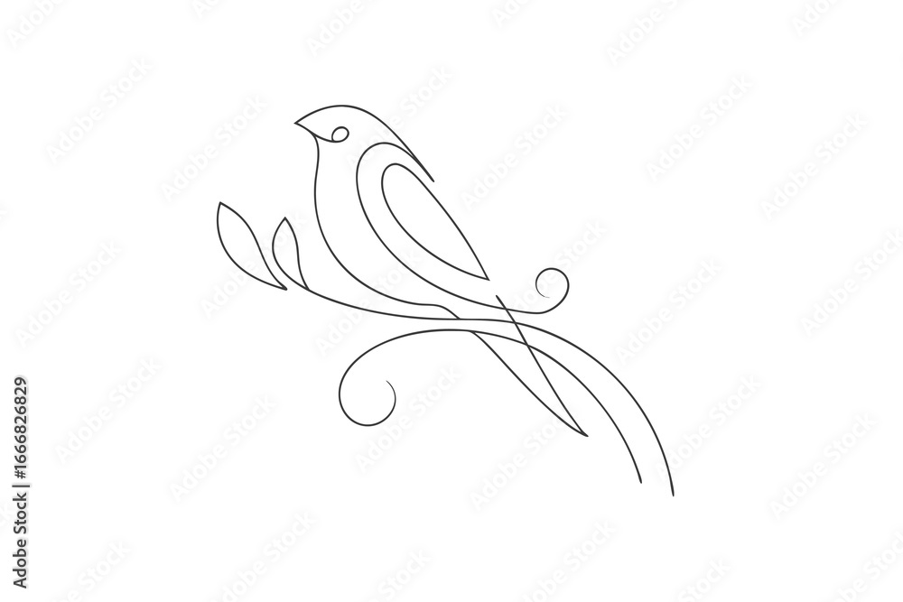 Poster single line drawing a bird with decorative swirls a branch continous line continuous