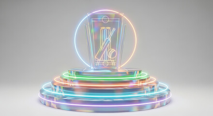 Futuristic Cricket Trophy with Neon Lights on a Circular Stage
