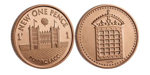 1996 One Pence Coin, Two Sides, Isolated on Transparent Background, British Currency, Numismatic, British Coin, Penny, Currency
