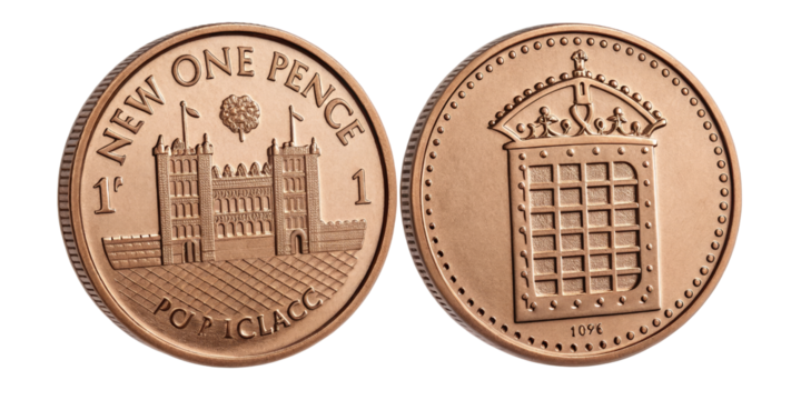 1996 One Pence Coin, Two Sides, Isolated on Transparent Background, British Currency, Numismatic, British Coin, Penny, Currency - Powered by Adobe