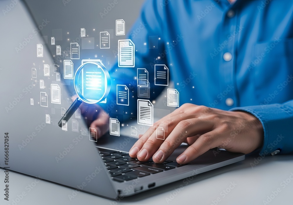 Poster closeup of hands typing on a laptop with digital documents and a magnifying glass, symbolizing data 
