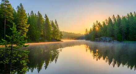 Obraz premium Serene sunrise over a calm lake surrounded by evergreen trees creating a scenic landscape