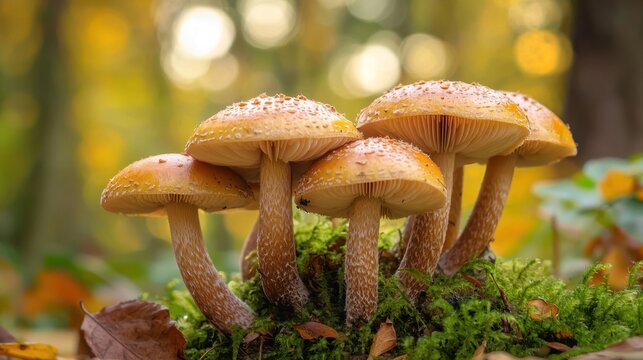 Five mushrooms with orange caps and white spots, growing on a mossy surface in a forest setting.