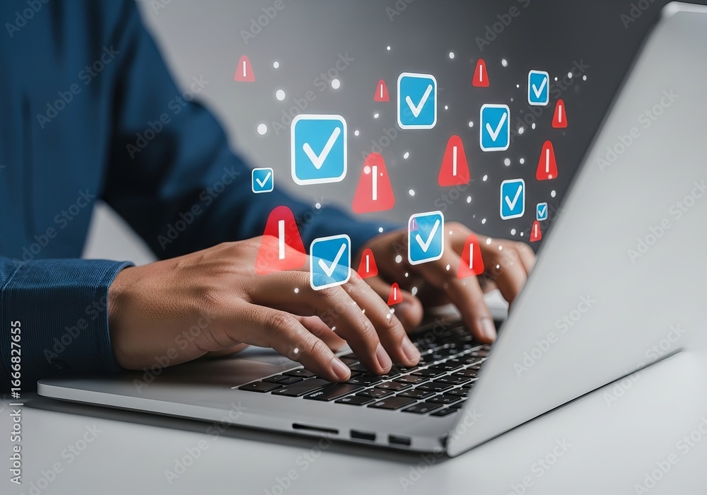 Poster person typing on a laptop with digital checkmarks and warning icons floating around, representing ta