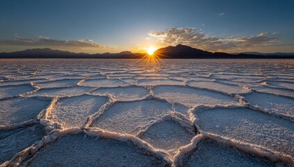 Vast, sun-drenched salt flats at sunset.  Cracked, white surface stretches towards a vibrant sunset over a distant mountain range
